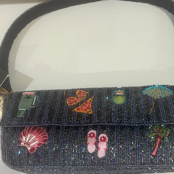 Handmade in India Beaded Bag Tropical Beach Bikini Flip Flops Palm Tress Shells - Picture 3 of 4